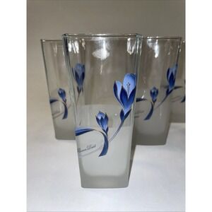 Set Of 5 Y2K Vintage Highball  Tumbler Square Base Partially Frosted Blue Flower